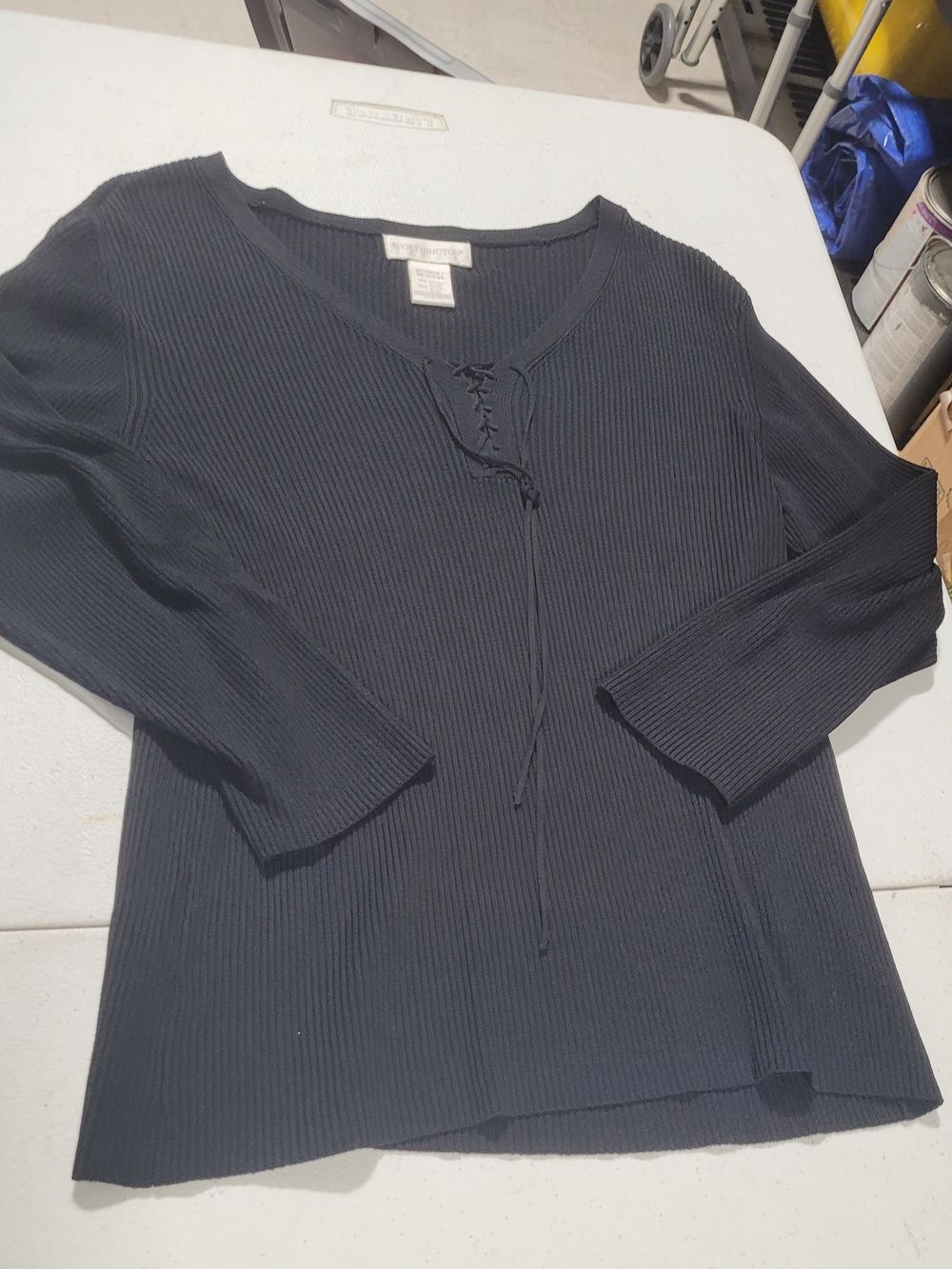 Worthington Black Ribbed Lace-Up Long Sleeve Top